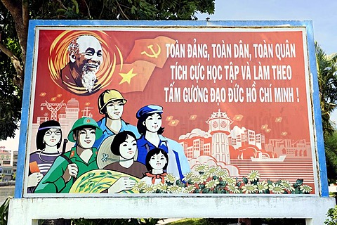 Political billboard with the portrait of Ho Chi Minh, Phan Thiet, South Vietnam, Southeast Asia