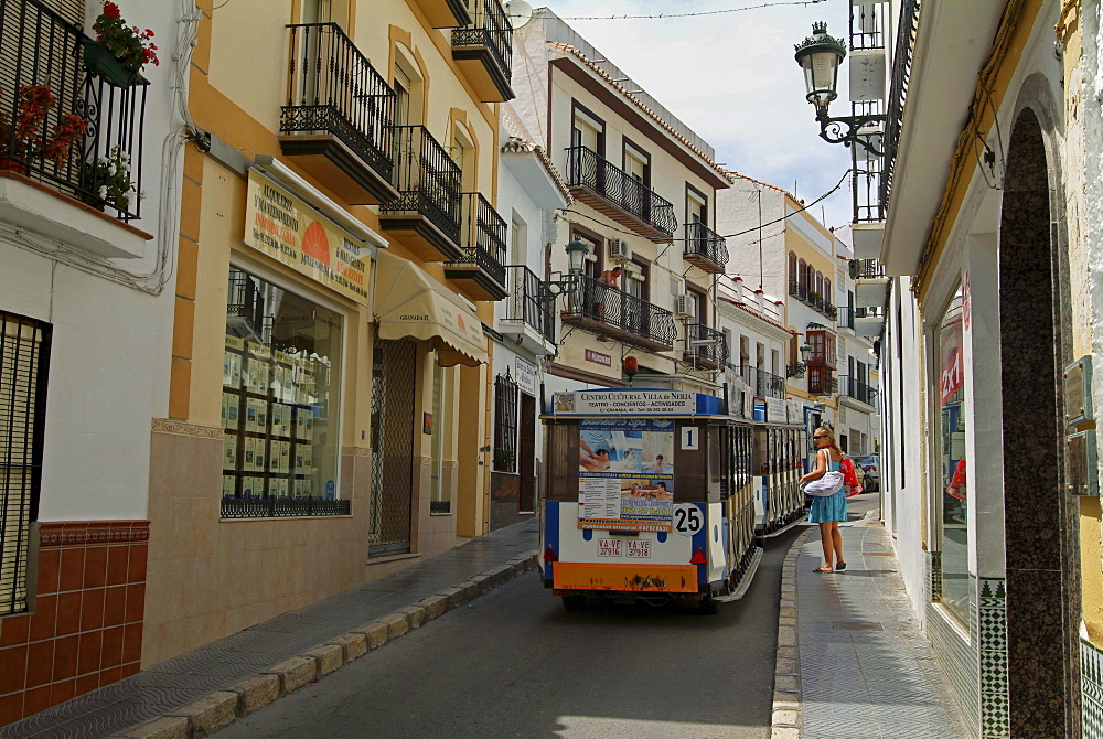 Street, shops in Nerja, Malaga province, Andalusia, Costa del Sol, Spain, Europe