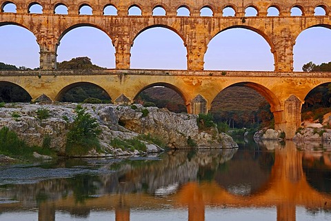 Pont du Gard at dawn, Roman aqueduct, Gard department, Provence, France, Europe