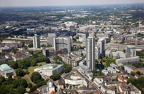 Downtown, with the philharmonic hall, bottom left, Aalto Theater, Opera, EVONIK headquarters and RWE Tower administrative building, right, Essen, North Rhine-Westphalia, Germany, Europe