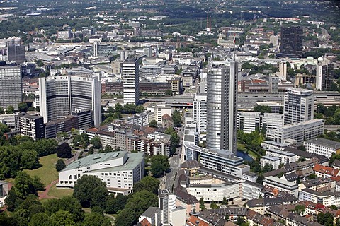 Downtown, Aalto Theater, Opera, main train station, EVONIK headquarters and RWE Tower administrative building, right, Essen, North Rhine-Westphalia, Germany, Europe