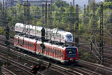 Intercity-Express train, ICE, and a regional train, suburban train, on the track, railway, track network next to the main railway station in Essen, Essen, North Rhine-Westphalia, Germany, Europe