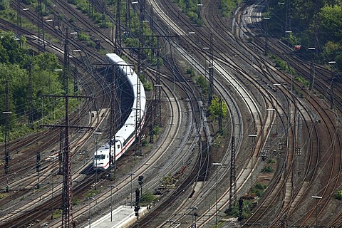 ICE, Intercity-Express train on the track, railway, track network next to the Essen main railway station, Essen, North Rhine-Westphalia, Germany, Europe