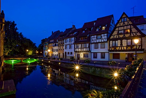 Half timbered houses at night, Colmar, Alsace, France