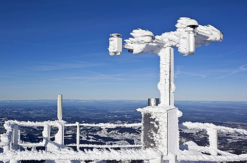 Frozen measure instrument overlooking Lake Constance, Mt. Saentis, Switzerland, Europe