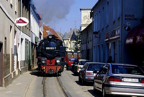 Schmalspurbahn Molli, a narrow-gauge railway, driving next to cars, Bad Doberan, Baltic Sea, Mecklenburg-Western Pomerania, Germany, Europe