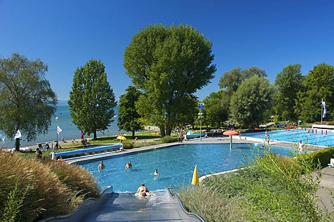 Outdoor pool in Wasserburg am Bodensee, Lake Constance, Baden-Wuerttemberg, Germany, Europe