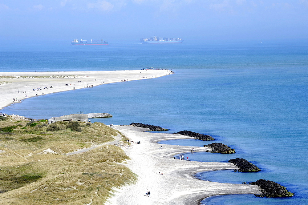 Headland where the North Sea and the Baltic Sea meet, container ships at back, Skagen, Jutland, Denmark, Europe