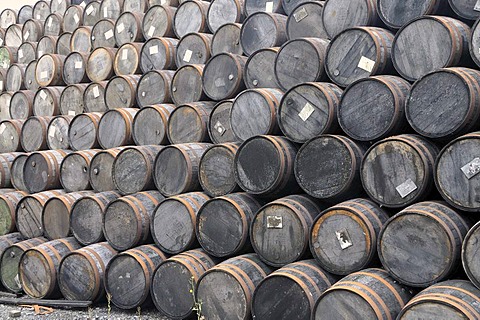 Stack of whiskey barrels, Locke's Distillery, the oldest licensed whiskey distillery in the world, Kilbeggan, Westmeath, Midlands, Ireland, Europe