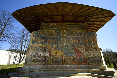 Frescoes on the Moldova convent, Vorone& Monastery, UNESCO World Heritage Site, Eastern Carpathians, Romania, Europe