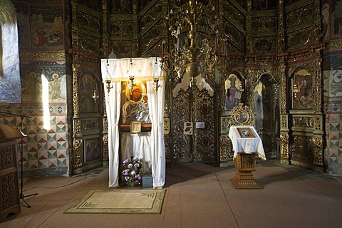 Icon of the Virgin Mary in the monastery, Sucevi&a Monastery, Eastern Carpathians, Romania, Europe