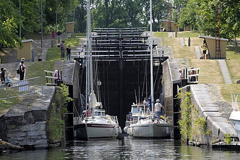 The five locks of Borenshult bridge an altitude difference of 15 meters, Gota Canal, Motala, Oestergoetland, Sweden, Scandinavian, Europe