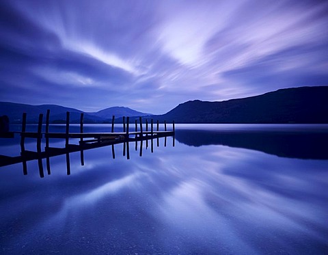 Jetty at Brandelhow Bay at dawn, Derwent Water, Cumbria, Lake District, England, United Kingdom, Europe