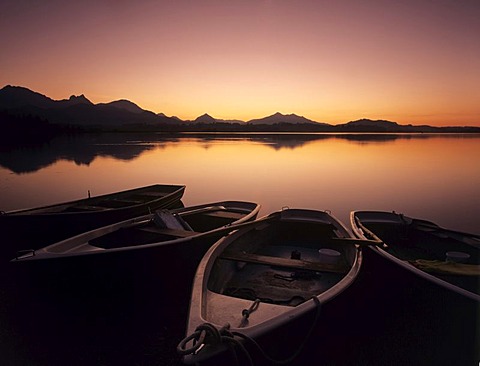 Rowing boats on Hopfensee lake after sunset, Ostallgaeu district, Bavaria, Germany, Europe