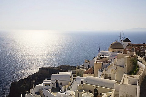 Terraces and a windmill, Oia, Santorini, Cyclades, Greece, Europe