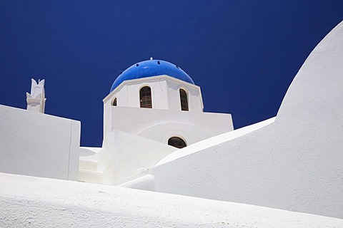 Church with blue dome, Oia, Santorini, Cyclades, Greece, Europe