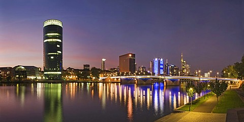 Westhafen Tower towards the financial district at night, Frankfurt, Hesse, Germany, Europe