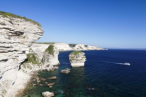 Free-standing rock Grain de Sable on the rocky coast near Bonifacio, Strait of Bonifacio, Corsica, France, Europe