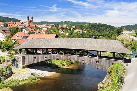 Historic wooden bridge in Forbach, Murg Valley, Black Forest, Baden-Wuerttemberg, Germany, Europe