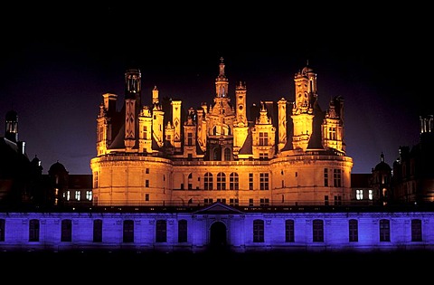 Illumination at night, "Son et lumiere", Chateau de Chambord Castle, Loire Valley, Indre-et-Loire, Centre, France, Europe