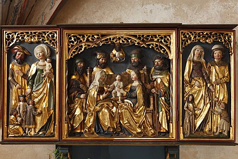 Altar depicting the Holy Family, evangelical Parish Church of Langenzenn, Middle Franconia, Franconia, Bavaria, Germany, Europe