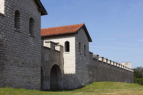 Reconstruction of Porta praetoria, the northern gate in the Roman fort Kastell Vetoniana, near the Roman Limes Germanicus, Pfuenz, Walting, Altmuehltal region, Upper Bavaria, Bavaria, Germany, Europe