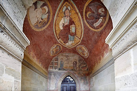 Frescoes on the main entrance portal of the collegiate church, Feuchtwangen, Romantic Road, Middle Franconia, Franconia, Bavaria, Germany, Europe