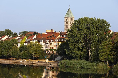 Main riverbank and tower of the Heilig-Geist-Kirche Church, Schweinfurt, Main, Franconia, Bavaria, Germany, Europe