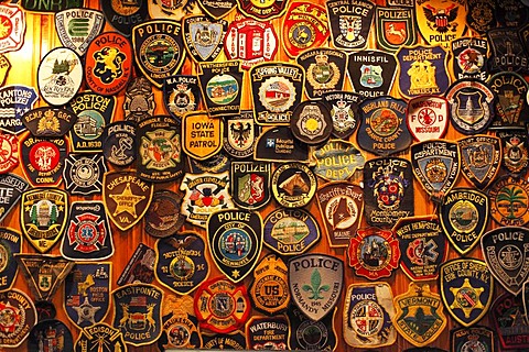 Police badges, O'Connor's Pub, Doolin, County Clare, Ireland, Europe