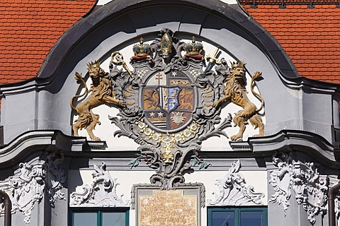 Coat of arms over the east portal, Fuerstbischoefliche Residenz prince-bishop's residence, Augsburg, Schwaben, Bavaria, Germany, Europe