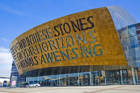 Wales Millennium Centre or Canolfan Mileniwm Cymru, home of Welsh National Opera, WNO, Cardiff Bay, Cardiff, Caerdydd, Wales, United Kingdom, Europe