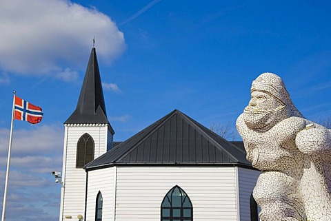 Norwegian Church Arts Centre and Coffee Shop behind mosaic marble Captain Scott Memorial by Jonathan Williams, Cardiff Bay, Cardiff, Caerdydd, South Glamorgan, Wales, United Kingdom, Europe