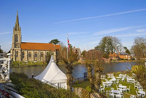 All Saints Church and Macdonald Compleat Angler Hotel by Thames river, Marlow, Buckinghamshire, England, United Kingdom, Europe