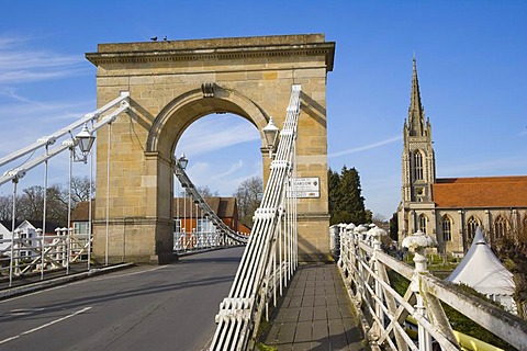 Marlow Suspension Bridge and All Saints Church by Thames river, Marlow, Buckinghamshire, England, United Kingdom, Europe