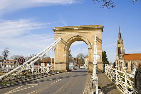 Marlow Suspension Bridge and All Saints Church by Thames river, Marlow, Buckinghamshire, England, United Kingdom, Europe