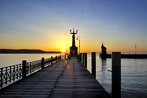 The harbor pier at Constance harbor port entrance and the tide gauge with the Imperia Statue on it, the town's landmark, district of Konstanz, Constance, Baden-Wuerttemberg, Germany, Europe