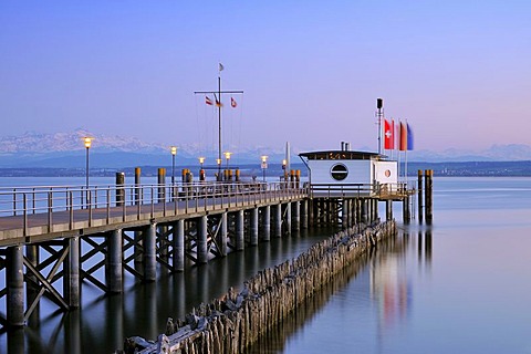 Jetty at dusk, Lake Constance, Hagnau, Bodenseekreis district, Baden-Wuerttemberg, Germany, Europe