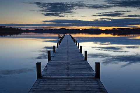 Pier on Woerthsee Lake, sunrise, Bavaria, Germany, Europe