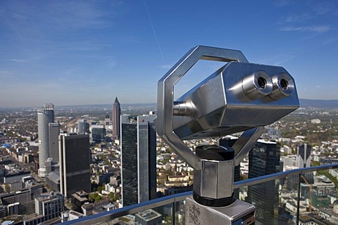 View on the skyline, Trianon, Deutsche Bank, Sparkasse, Frankfurter Buerocenter skyscrapers, in the back the Messeturm trade fair tower, Westend district, Frankfurt, Hesse, Germany, Europe