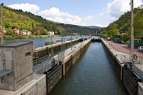 View of a lock on the Neckar River, Heidelberg, Neckar, Baden-Wuerttemberg Germany, Europe