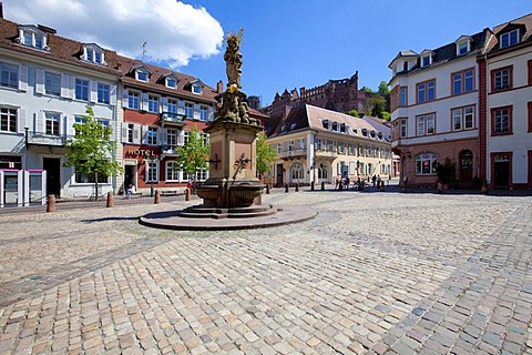 Kornmarkt square with the Virgin Mary fountain, Graimberghaus building at back, Heidelberg, Rhine-Neckar region, Baden-Wuerttemberg, Germany, Europe