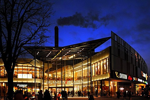 Arcaden Shopping Centre at night with smoking chimney of heating plant, Erlangen, Middle Franconia, Bavaria, Germany, Europe