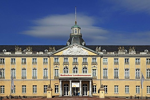 Detail of the entrance facade of Schloss Karlsruhe palace, 1715, with Schlossplatz square, Karlsruhe, Baden-Wuerttemberg, Germany, Europe