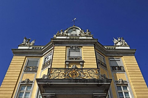 Detail of the side wing with a balcony of Schloss Karlsruhe palace, 1715, Schlossplatz, Karlsruhe, Baden-Wuerttemberg, Germany, Europe