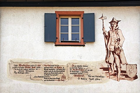 Inscription and mural painting at the former residence of the night watchman, Obereggenen, Baden-Wuerttemberg, Germany, Europe