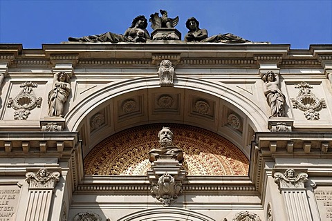 Detail of the faÃade of the Friedrichsbad spa, built 1869-1877, neo-Renaissance, Roemerplatz 1, Baden-Baden, Baden-Wuerttemberg, Germany, Europe