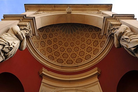 Rear entrance of the Friedrichsbad Spa, built by Frederick II, Grand Duke of Baden, 1869-1877, Renaissance Revival style, one atlant on each side, stone architectural supports in the form of men, Roemerplatz 1, Baden-Baden, Baden-Wuerttemberg, Germany, Eu