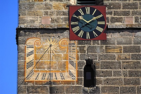 Belfry of the St. Kunigund church, detail with tower clock and sundial, Schnaittach, Middle Franconia, Bavaria, Germany, Europe