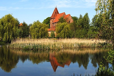 Pond with Benedictine monastery, 13th century, Rhena, Mecklenburg-Western Pomerania, Germany, Europe