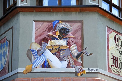 Moor with cake, a painting at the Cafe zum Mohren, Bahnhofstrasse 13, Mittenwald, Upper Bavaria, Bavaria, Germany, Europe